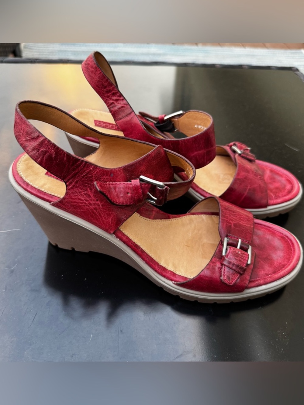 Ecco Adorable Red Leather Wedge Open Toe Sandal